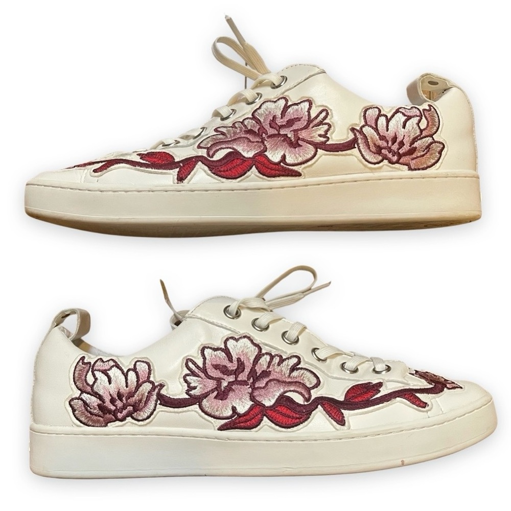 DKNY Floral Embroidery White Leather Sneakers Size 9
